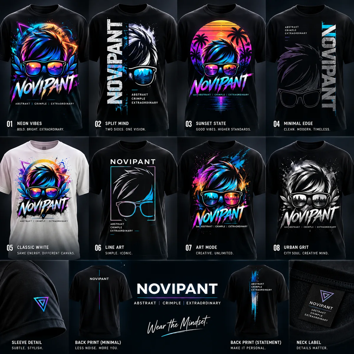 Acht NOVIPANT T-Shirt-Entwürfe: Neon Vibes, Split Mind, Sunset State, Minimal Edge und mehr